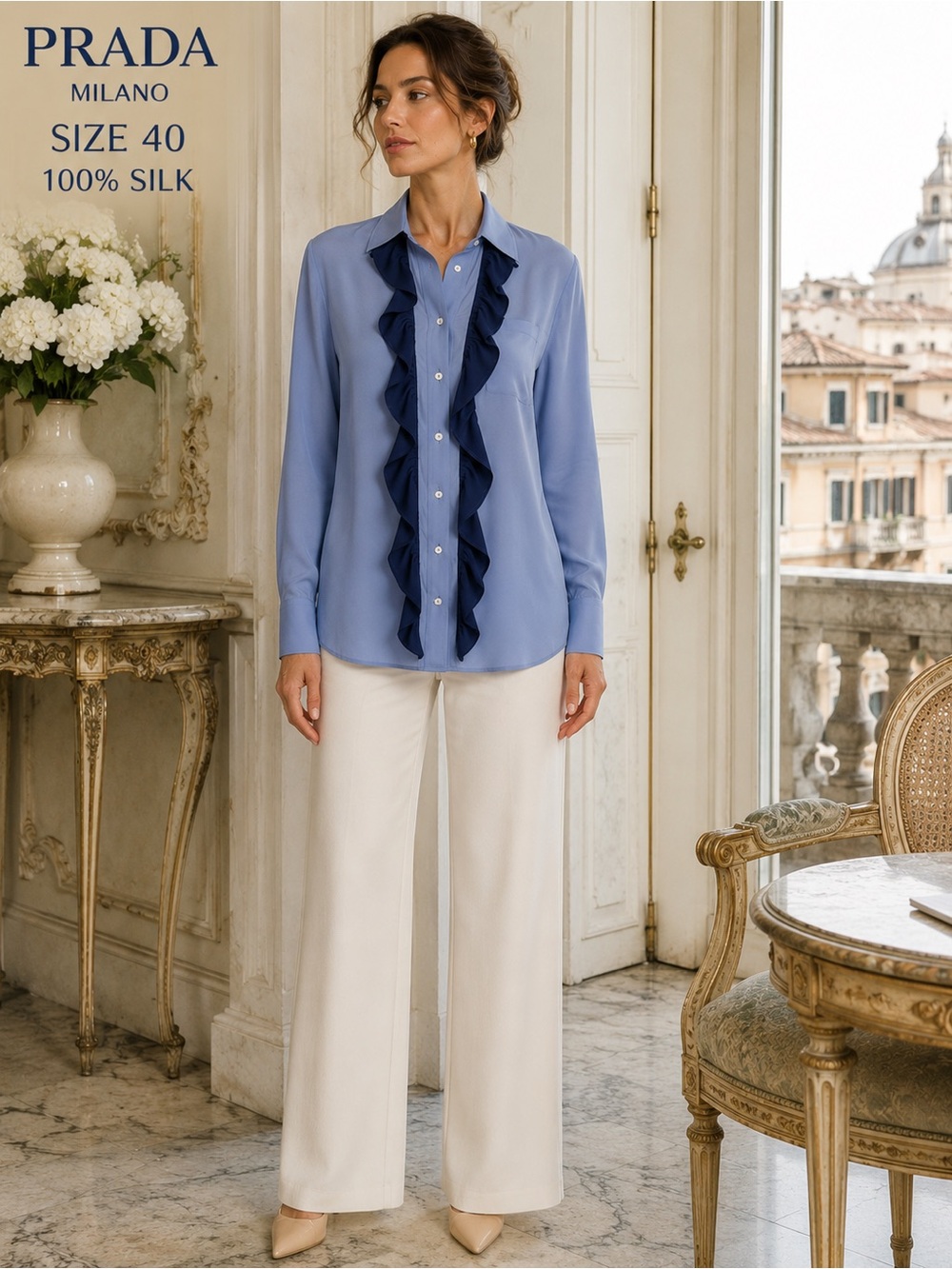 Prada 100% Silk Ruffle Blouse Blue Button Up Womens EU 40/USA 8 Italy luxury